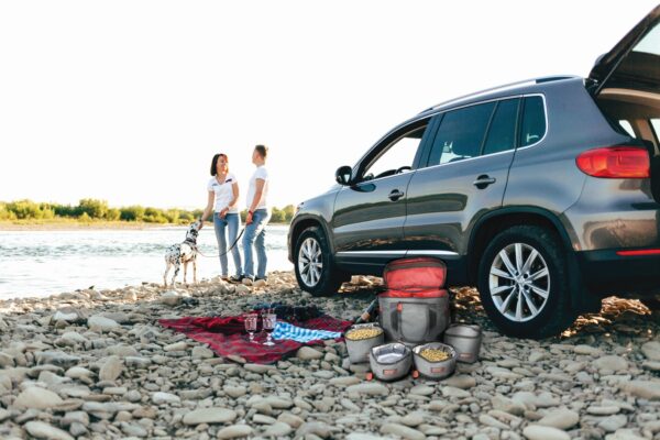 Portrait of happy young adult couple with dog on roadtrip. Man sitting on plaid with woman. Outdoor picnic concept. KONG 5pc Travel Bag