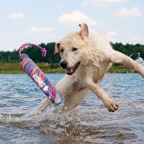 Dog jumping in the water KONG Wild Shieldz Training Dummy Swirl Sm/Md